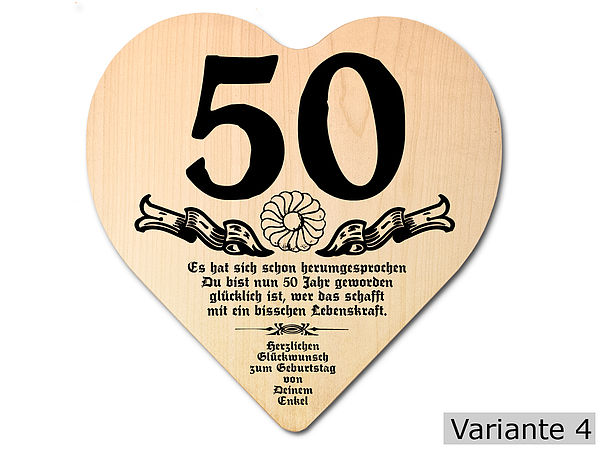 Geschenk zum 50. Geburtstag Herz Holzschild mit Wunschtext Online