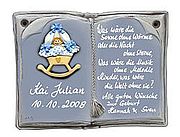 Buch aus Keramik in einer frischen hellen Farbe mit aufmodelliertem Motiv. Alle Motive sind fein ausgemalt. Sie zeigen einen ...... Keramikschild als Buch für Ehrungen und besondere Anlässe - Größe: 22x17 ...