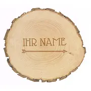 Holzrindenschild mit Namen und Pfeil