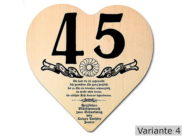 Herz mit günstig Kaufen-Herz Holzschild mit Wunschtext Geschenk zum 45. Geburtstag. Herz Holzschild mit Wunschtext Geschenk zum 45. Geburtstag <![CDATA[Geschenk zum 45. Geburtstag: Holzschild in der Größe 18x18x1 cm. Als Material werden europäische Laubhölzer eingesetzt. Die