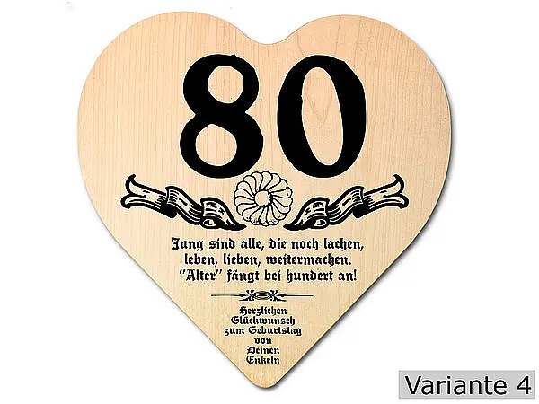Wunschtext günstig Kaufen-Herz Holzschild mit Wunschtext Geschenk zum 80. Geburtstag. Herz Holzschild mit Wunschtext Geschenk zum 80. Geburtstag <![CDATA[Geschenk zum 80. Geburtstag: Holzschild in der Größe 18x18x1 cm. Als Material werden europäische Laubhölzer eingesetzt. Die