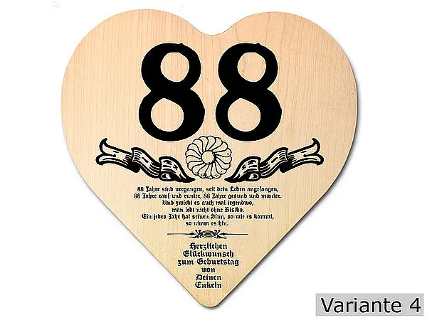 Herz mit günstig Kaufen-Herz Holzschild mit Wunschtext Geschenk zum 88. Geburtstag. Herz Holzschild mit Wunschtext Geschenk zum 88. Geburtstag <![CDATA[Geschenk zum 88. Geburtstag: Holzschild in der Größe 18x18x1 cm. Als Material werden europäische Laubhölzer eingesetzt. Die