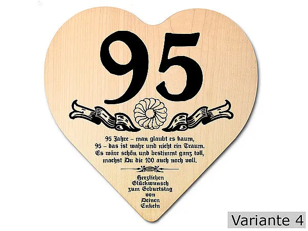EUROPA günstig Kaufen-Herz Holzschild mit Wunschtext Geschenk zum 95. Geburtstag. Herz Holzschild mit Wunschtext Geschenk zum 95. Geburtstag <![CDATA[Geschenk zum 95. Geburtstag: Holzschild in der Größe 18x18x1 cm. Als Material werden europäische Laubhölzer eingesetzt. Die
