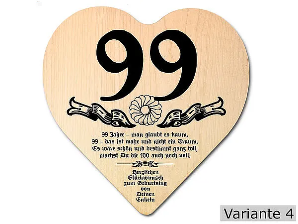 Herz mit günstig Kaufen-Herz Holzschild mit Wunschtext Geschenk zum 99. Geburtstag. Herz Holzschild mit Wunschtext Geschenk zum 99. Geburtstag <![CDATA[Geschenk zum 99. Geburtstag: Holzschild in der Größe 18x18x1cm. Als Material werden europäische Laubhölzer eingesetzt. Die 