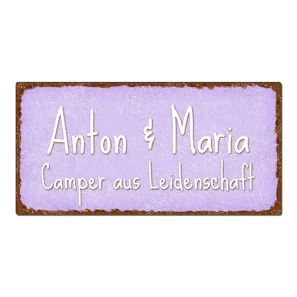 Blechschild im Vintage Look mit Wunschtext 300 x 150mm violett/braun