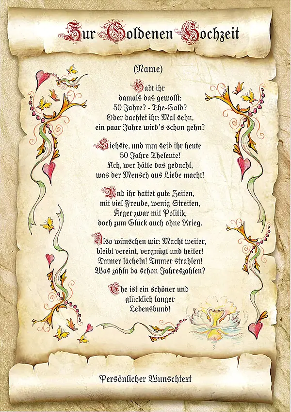 mit Spruch günstig Kaufen-Urkunde zur Goldenen Hochzeit. Urkunde zur Goldenen Hochzeit <![CDATA[Geschenk zur Goldenen Hochzeit Schenken Sie das schöne Kunstbild mit eigenem Wunschtext zur Goldenen Hochzeit. Es handelt sich um eine Urkunde mit dem Hochzeitsspruch: "Zur Golden