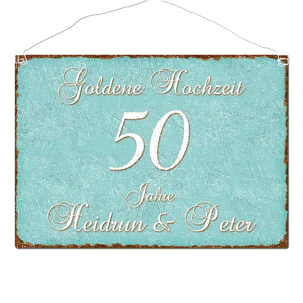 Schild günstig Kaufen-Schild "Goldene Hochzeit" und Namen im Format A3 türkis. Schild "Goldene Hochzeit" und Namen im Format A3 türkis <![CDATA[Schild "Goldene Hochzeit" mit Datum und Namen Geschenkidee zum 50. Hochzeitstag Text: Goldene Hoc