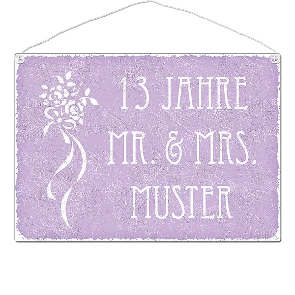 Geschenk zum Hochzeitsag – 13 Jahre Mr. und Mrs. und Name – Schild A3 violett