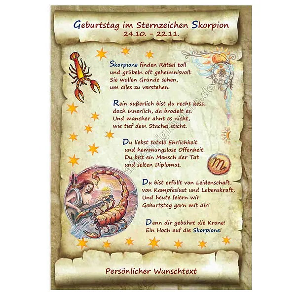 Geburt mit günstig Kaufen-Urkunde zum Geburtstag - Sternzeichen Skorpion. Urkunde zum Geburtstag - Sternzeichen Skorpion <![CDATA[Geschenk zum Geburtstag - Sternzeichen Skorpion (24.10. - 22.11.) Schenken Sie das schöne Kunstbild mit eigenem Wunschtext zum Geburtstag. Es handelt 