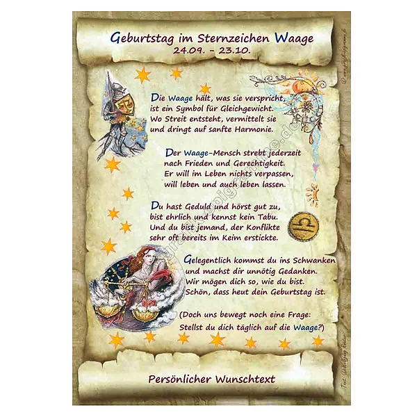 Urkunde zum Geburtstag – Sternzeichen Waage