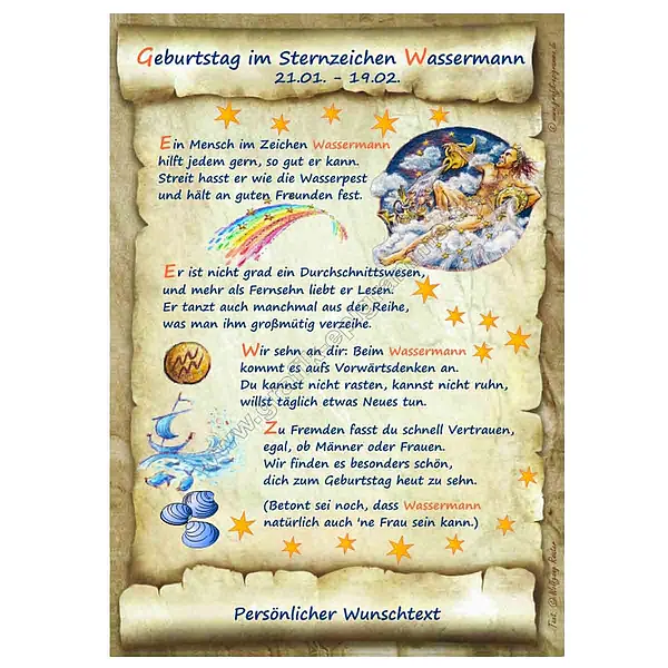 Sie zum günstig Kaufen-Urkunde zum Geburtstag - Sternzeichen Wassermann. Urkunde zum Geburtstag - Sternzeichen Wassermann <![CDATA[Geschenk zum Geburtstag - Sternzeichen Wassermann (21.01. - 19.02.) Schenken Sie das schöne Kunstbild mit eigenem Wunschtext zum Geburtstag. Es ha