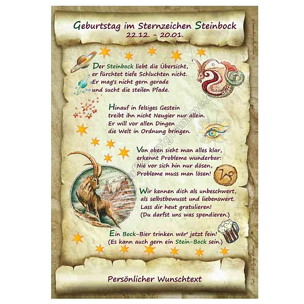 Geschenk Urkunde günstig Kaufen-Urkunde zum Geburtstag - Sternzeichen Steinbock. Urkunde zum Geburtstag - Sternzeichen Steinbock <![CDATA[Geschenk zum Geburtstag - Sternzeichen Steinbock (22.12. - 20.01.) Schenken Sie das schöne Kunstbild mit eigenem Wunschtext zum Geburtstag. Es hande