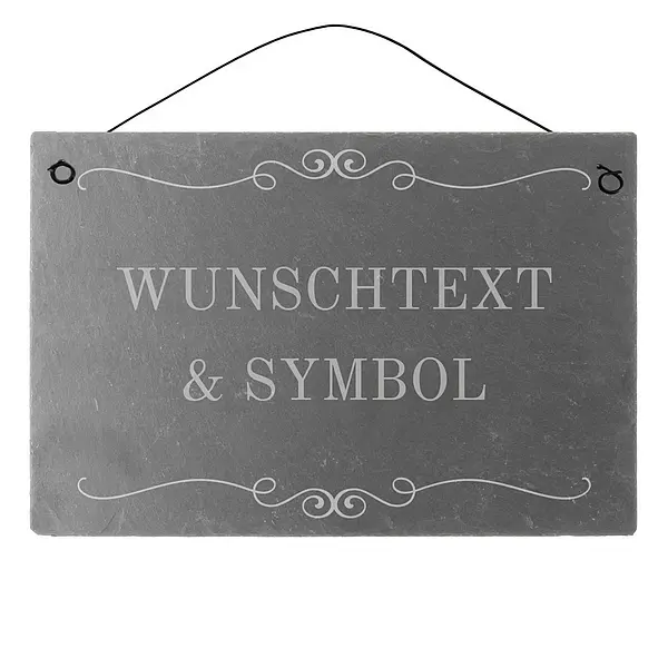 Symbol günstig Kaufen-Dekoschild aus Schiefer 30 x 20 cm mit Wunschtext. Dekoschild aus Schiefer 30 x 20 cm mit Wunschtext <![CDATA[Das dekorative Schild aus Schiefer können Sie selbst gestalten. Wählen Sie für Ihren Wunschtext eine passende Schriftart aus, ein Symbol Ihrer