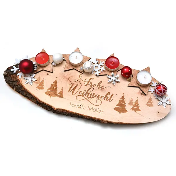 Baumscheibe „Winterwald“ als Untersetzer für Adventslichter mit Personalisierung