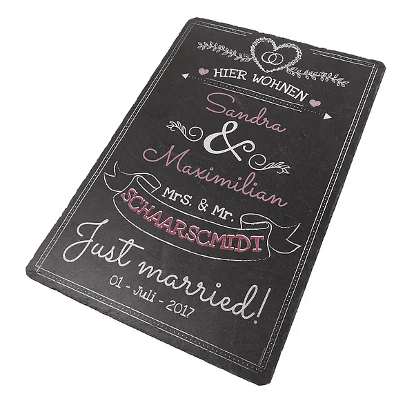 Hochzeitsgeschenk bedruckte Schiefertafel mit Wunschtext  - Onlineshop 1a Geschenkeshop