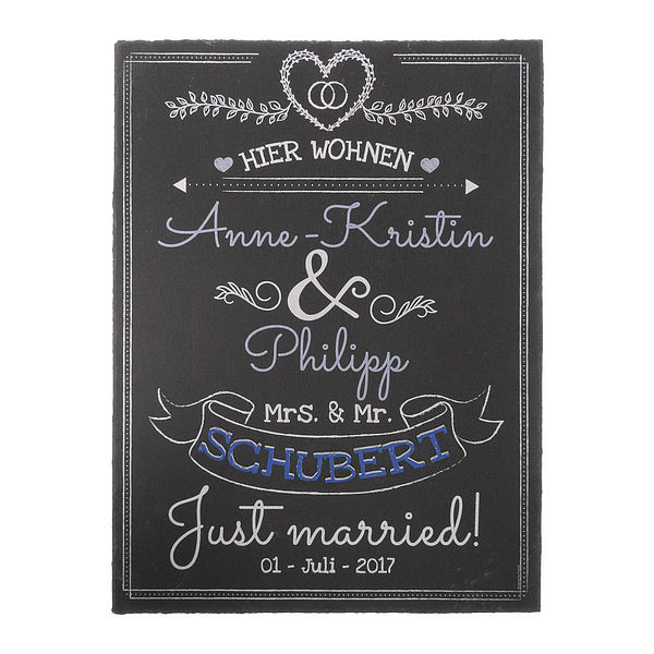 Geschenk zur Hochzeit individuell bedruckte Schiefertafel mit Namen und Datum blau
