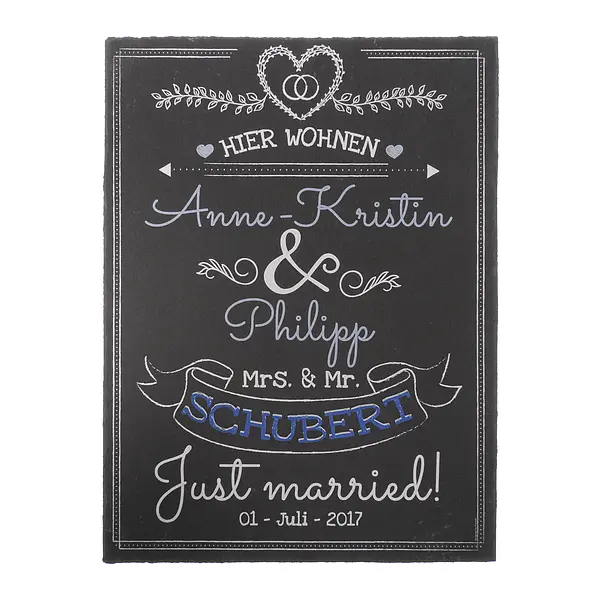 Geschenk zur Hochzeit individuell bedruckte Schiefertafel mit Namen und Datum  - Onlineshop 1a Geschenkeshop