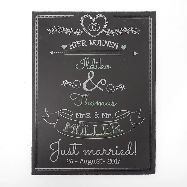 Gestalt und günstig Kaufen-Schild zur Hochzeit aus Schiefer mit Name und Datum | grün. Schild zur Hochzeit aus Schiefer mit Name und Datum | grün <![CDATA[Hochzeitgeschenk - Schiefertafel mit Wunschtext Ein ausgefallenes Hochzeitsgeschenk ist das liebevoll gestaltete Schi