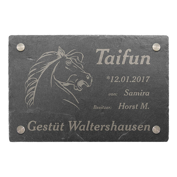 Exklusive Lasergravur Schiefertafel für Pferdebox im Pferdestall 30 x 20 cm  - Onlineshop 1a Geschenkeshop