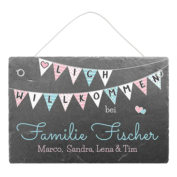 Herzlich Willkommen Schild aus Schiefer mit Personalisierung 30 x 20 cm  - Onlineshop 1a Geschenkeshop