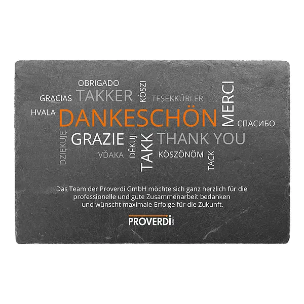 Farbig bedrucktes Schild zur Danksagung aus Schiefer mit Firmenlogo 30 x 20 cm