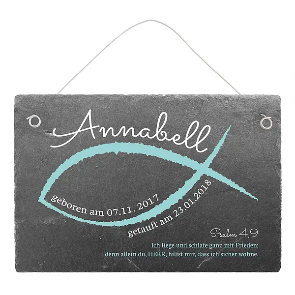 Geschenk zur Taufe aus Schiefer mit Name, Datum und Taufspruch Größe: 30 x 20 cm