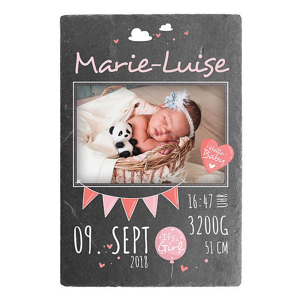 Geschenk zur Geburt eines Babys Schieferschild mit Foto - 200 x 300 mm - Design für Mädchen