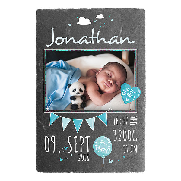 Geschenk zur Geburt eines Babys Schieferschild mit Foto - 200 x 300 mm - Design für Jungen