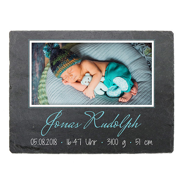 Geschenk zur Geburt eines Kindes Schieferschild mit Foto & Daten - 200 x 150 mm - Design Junge