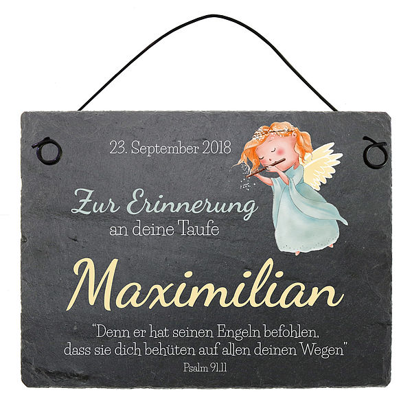 Taufgeschenk Schieferplatte mit Name, Datum und Taufspruch 200 x 150 mm