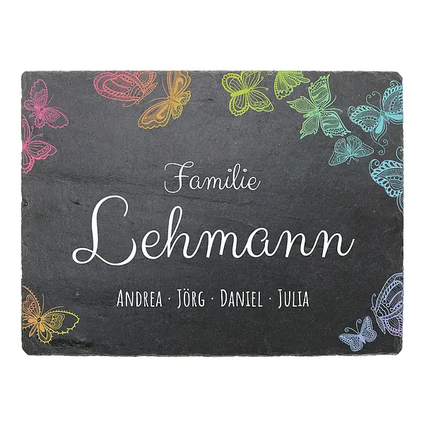 Farbenfrohes Türschild aus Schiefer mit Schmetterlingen und Namen Größe: 20 x 15 cm