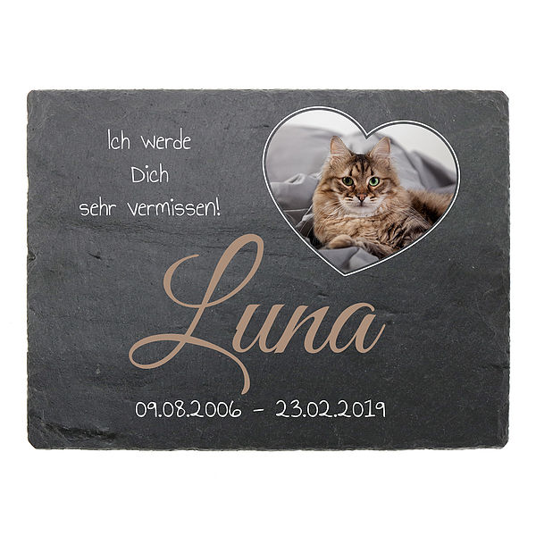 Gedenktafel zur Erinnerung für Ihre Katze aus Schiefer mit Foto 200 x 150 mm - Querformat mit Foto in Herzform