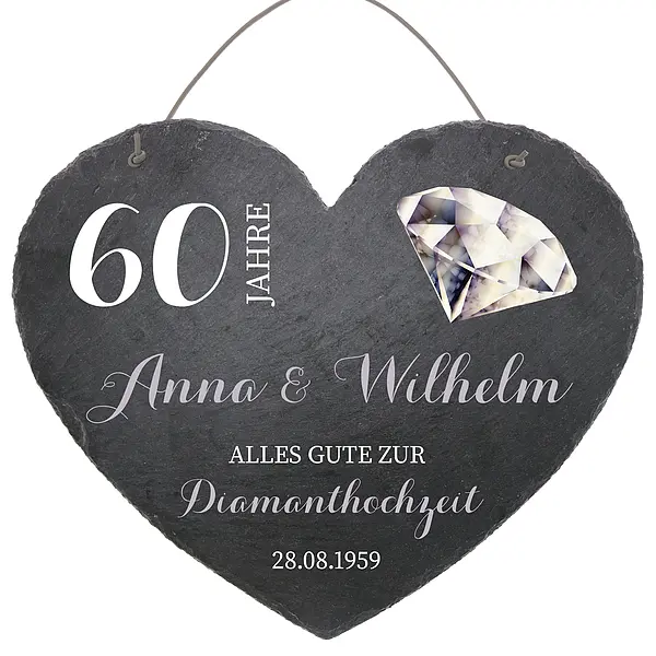 Schieferherz zum 60. Hochzeitstag Diamantene Hochzeit Größe 24 cm Diamantene Hochzeit