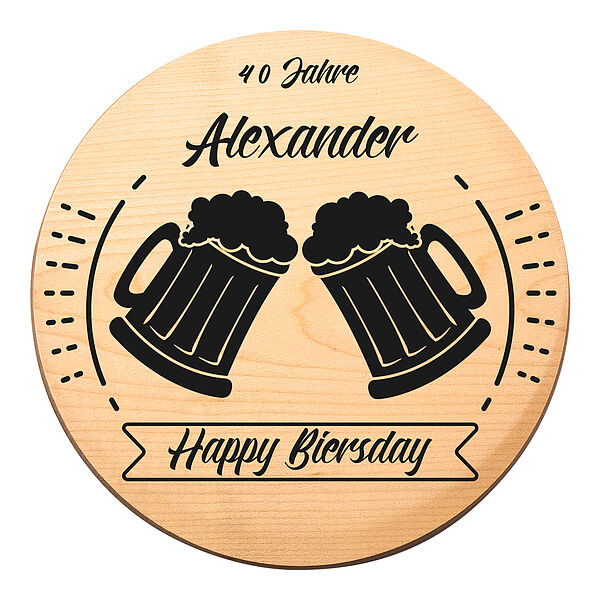 Rundes Holzschild zum Geburtstag mit Geburtstagszahl Happy Biersday  - Onlineshop 1a Geschenkeshop