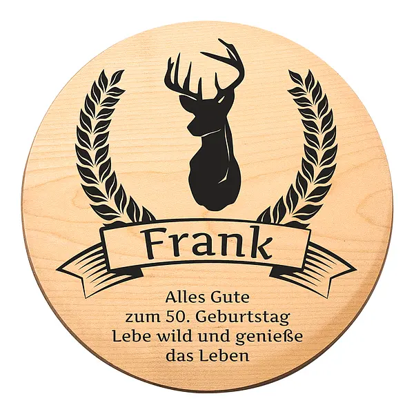 Motiv günstig Kaufen-Rundes Holzschild zum Geburtstag mit Geburtstagszahl - Hirsch. Rundes Holzschild zum Geburtstag mit Geburtstagszahl - Hirsch <![CDATA[Geburtstagsgeschenk mit Hirsch-Schild mit Name Das runde Holzschild bedrucken wir mit dem schönen Motiv Hirsch. Der Druc