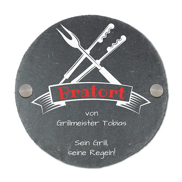 rundes günstig Kaufen-Rundes Schieferschild für Grillmeister mit Name | Bratort. Rundes Schieferschild für Grillmeister mit Name | Bratort <![CDATA[Geschenk für Grillmeister - Schieferschild Bratort Das Schild wird mit dem abgebildeten Motiv bedruckt. Im Banner steh