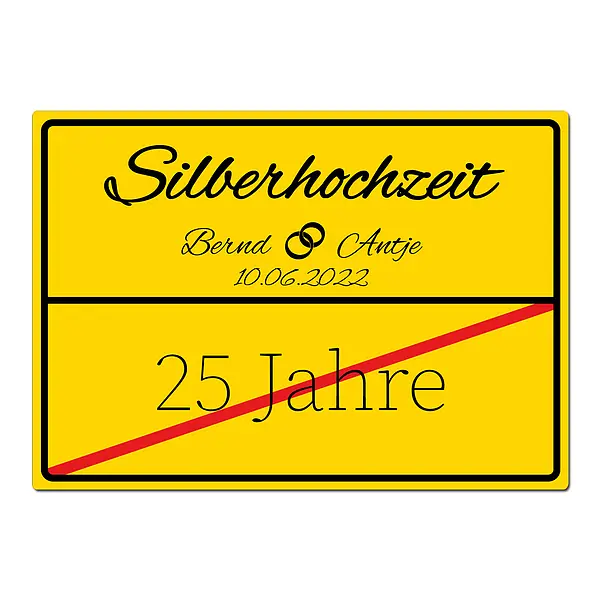 Schild günstig Kaufen-Geschenk zur Silberhochzeit - Schild A3 | Desgin Ortsschild. Geschenk zur Silberhochzeit - Schild A3 | Desgin Ortsschild <![CDATA[Geschenk zur Silberhochzeit - Schild mit Namen im Design einer Ortstafel Größe: A3 (42 x 29 cm) Das Schild bedrucken wir mi