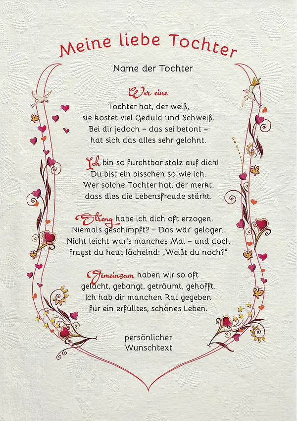 eigenem Text günstig Kaufen-Auszeichnung für die liebe Tochter - modern. Auszeichnung für die liebe Tochter - modern <![CDATA[Geschenkidee für die liebe Tochter Schenken Sie das schöne Kunstbild mit eigenem Wunschtext Ihrer Tochter. Es handelt sich um eine Auszeichnung m