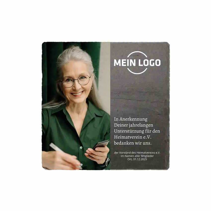 Schieferplatte Dienstauszeichnung mit eigenem Logo und Text | 20 x 20 cm