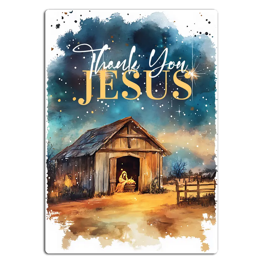 Weihnachtsgeschenk Blechschild A4 "Thank You, Jesus" | Krippe im Stall
