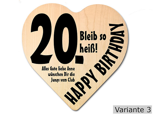 Geschenk zum 20. Geburtstag Herz Holzschild mit Wunschtext Online mit
