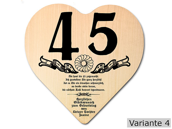 Geschenk zum 45. Geburtstag Herz Holzschild mit Wunschtext Online mit