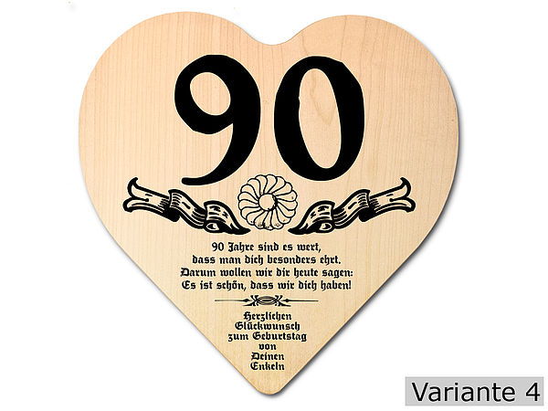 Geschenk zum 90. Geburtstag Herz Holzschild mit Wunschtext Online mit