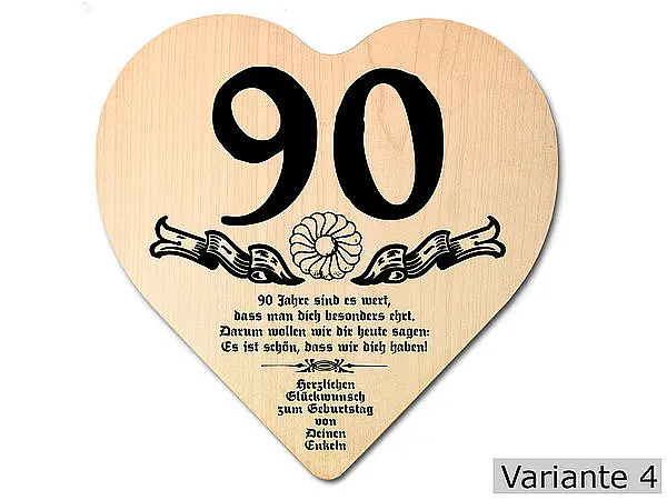 Holzherz mit Wunschtext zum 90.Geburtstag Rustikal