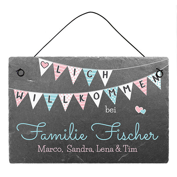 Herzlich Willkommen Schild aus Schiefer mit Personalisierung 300 x 200