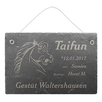 Schild für Pferdebox aus Schiefer mit Lasergravur mit weißem Draht Schild für Pferdebox aus Schiefer mit Lasergravur mit weißem Draht