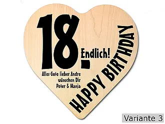 Holzherz mit Wunschtext zum 18. Geburtstag modern