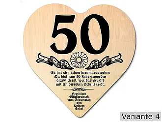 Herz Holzschild mit Wunschtext zum 50. Geburtstag rustikal
