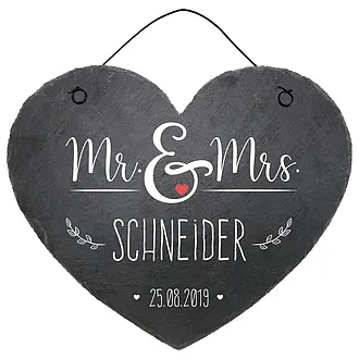 Schieferherz Zur Hochzeit Mit Gravur – 27x23 Cm, Inkl. Juteband, Personalisiert Mit Namen & Datum