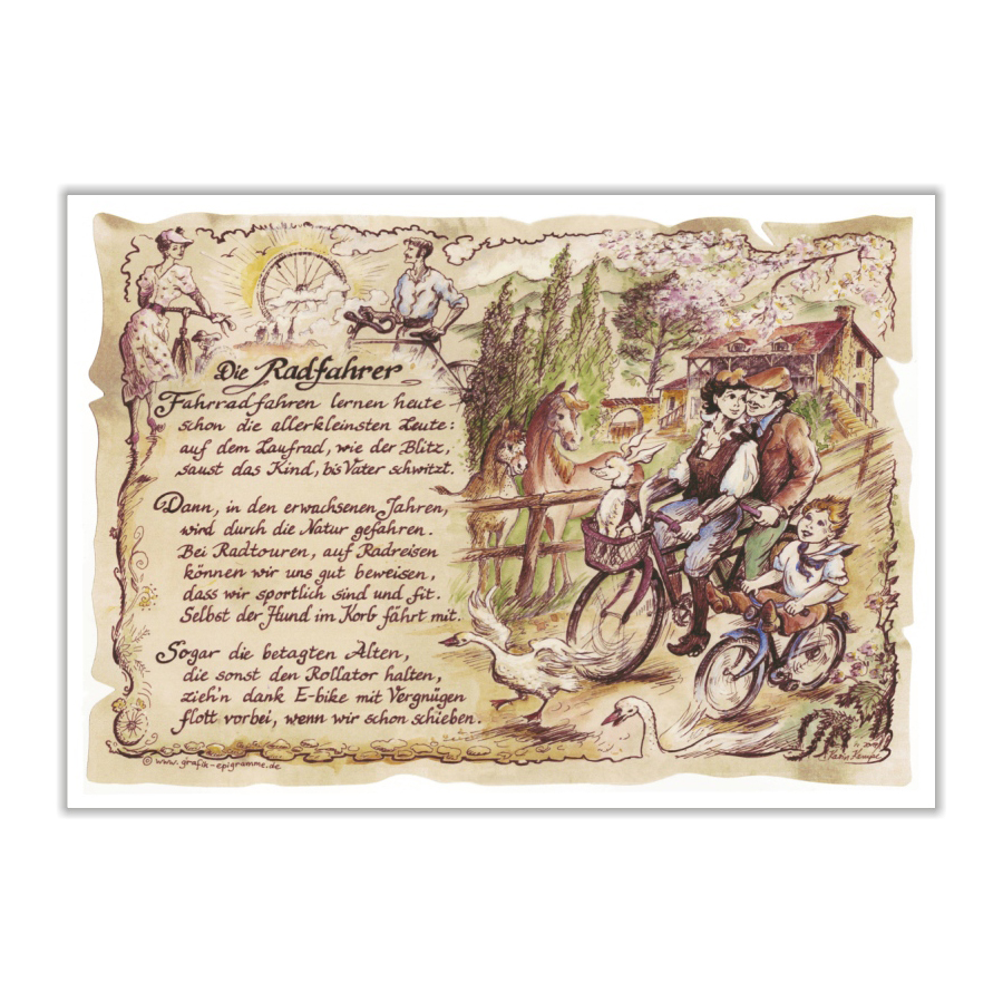 Hobbybild Radfahrer auf Antikpapier im A4-Format
